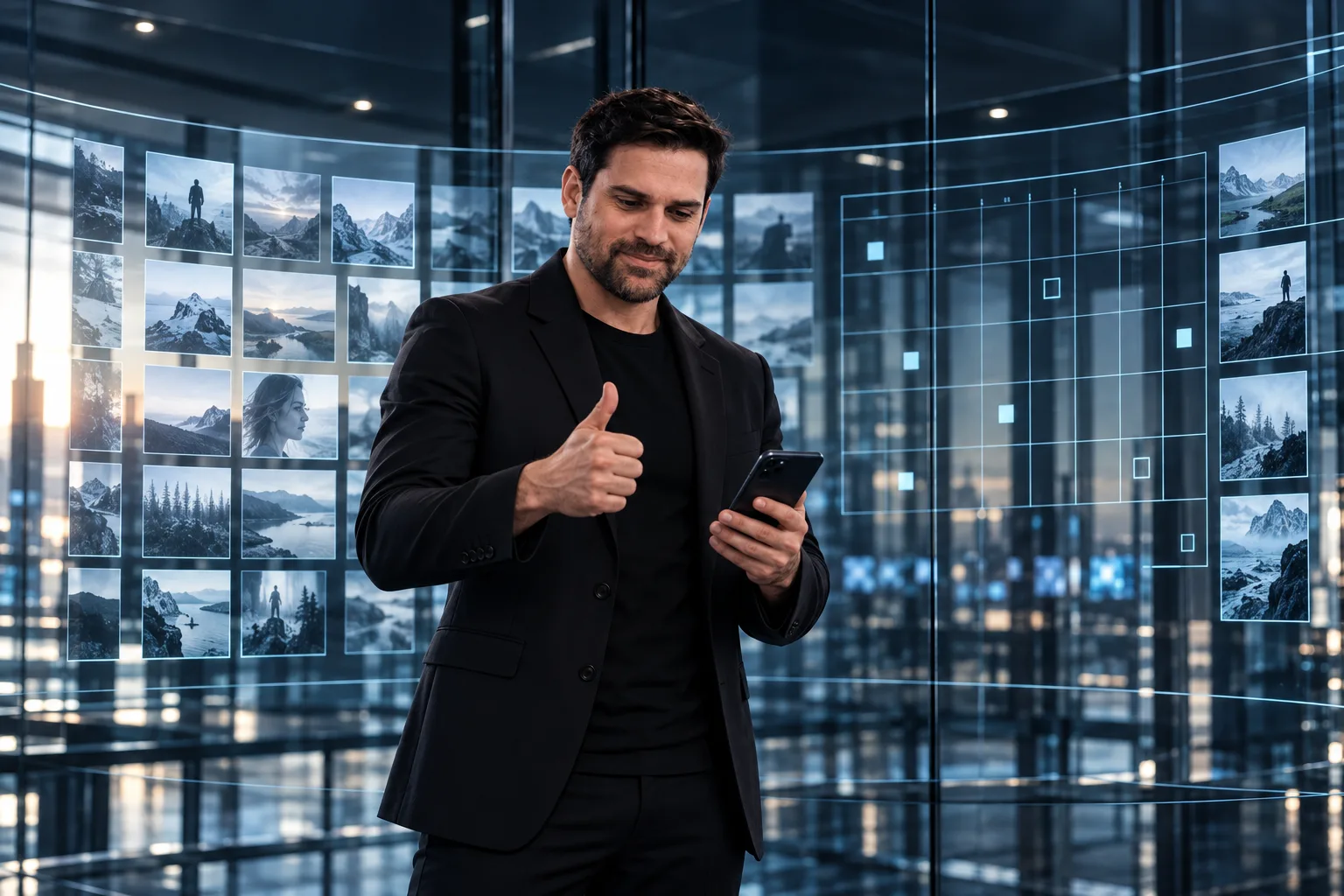 Rodrigo aprovando no celular um post criado pela agente, com os cards de conteúdo na parede de vidro