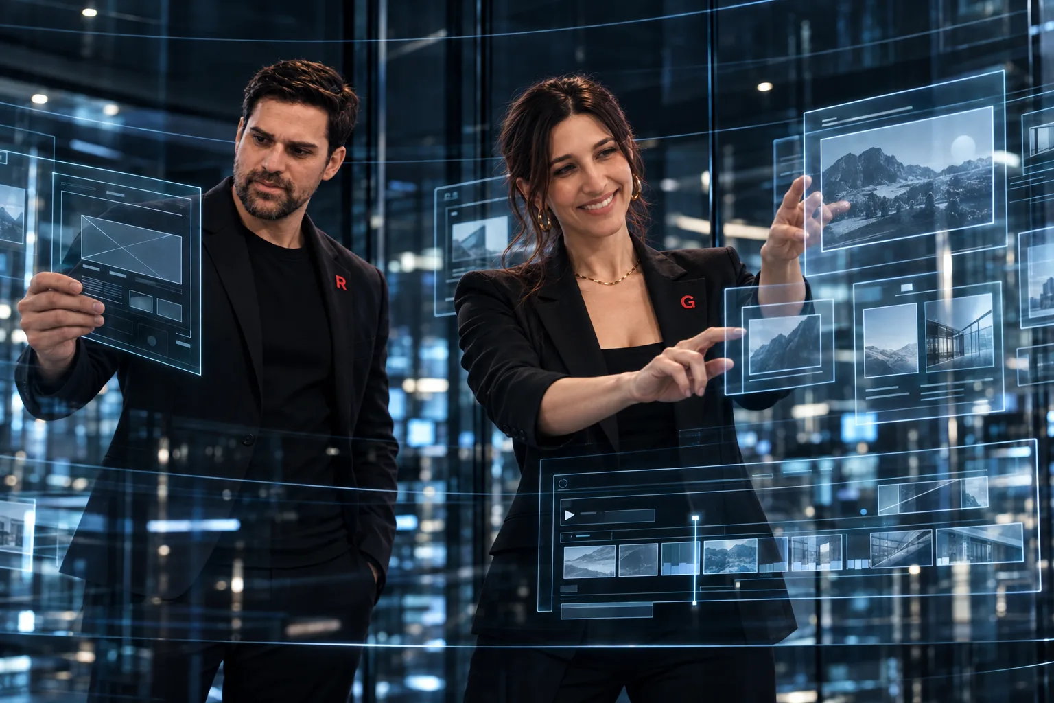 GAIA e Rodrigo organizando layouts de site e molduras de imagem na parede de vidro
