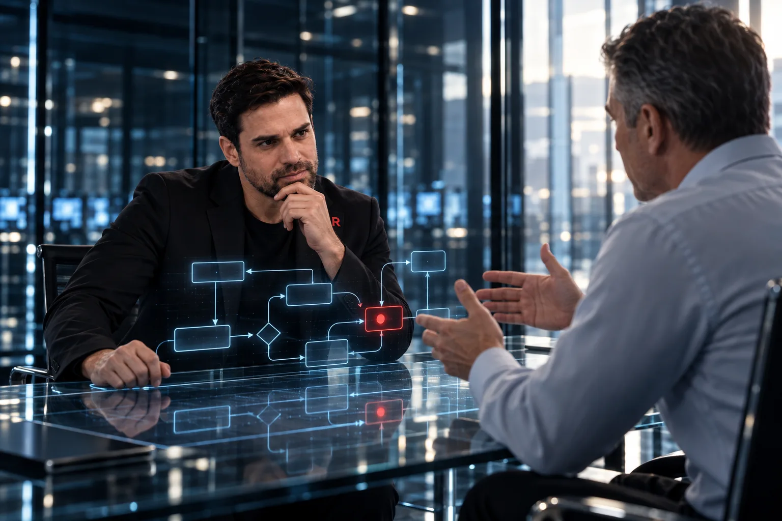 Rodrigo conversando com um empresário diante de um mapa de processos projetado no vidro